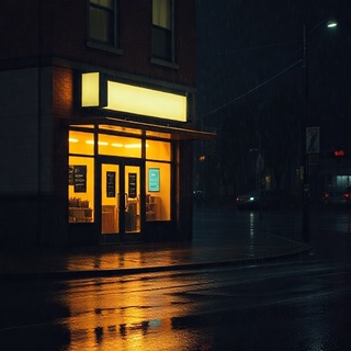 Storefront at night in drizzle