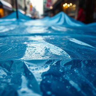 Blue market tarps in light drizzle