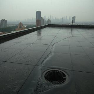 Rooftop sheets in rain, water flowing to drains