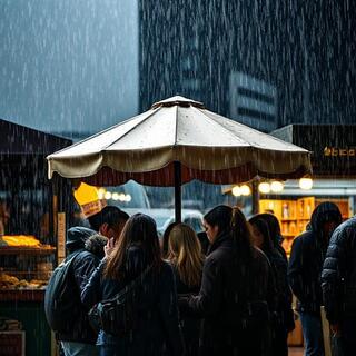 Market huddle under shared canopy