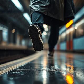 Commuter in raincoat stepping onto platform