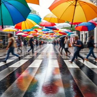 Crosswalk with umbrellas in motion blur