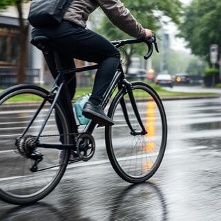 Commuter on a bike with compact umbrella