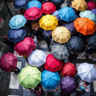 Umbrella weaving through a crowd