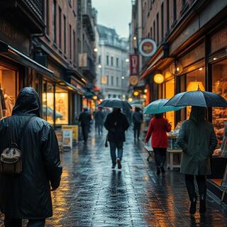 Bazaar street in drizzle with hooded coats