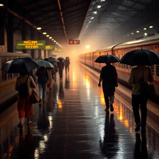 Commuters on a rainy platform with umbrellas