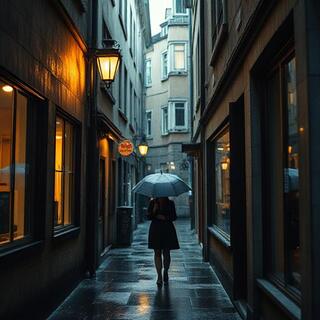 Lookbook frame — old town lanes in drizzle