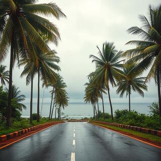 Goa seaside road during monsoon with palms swaying